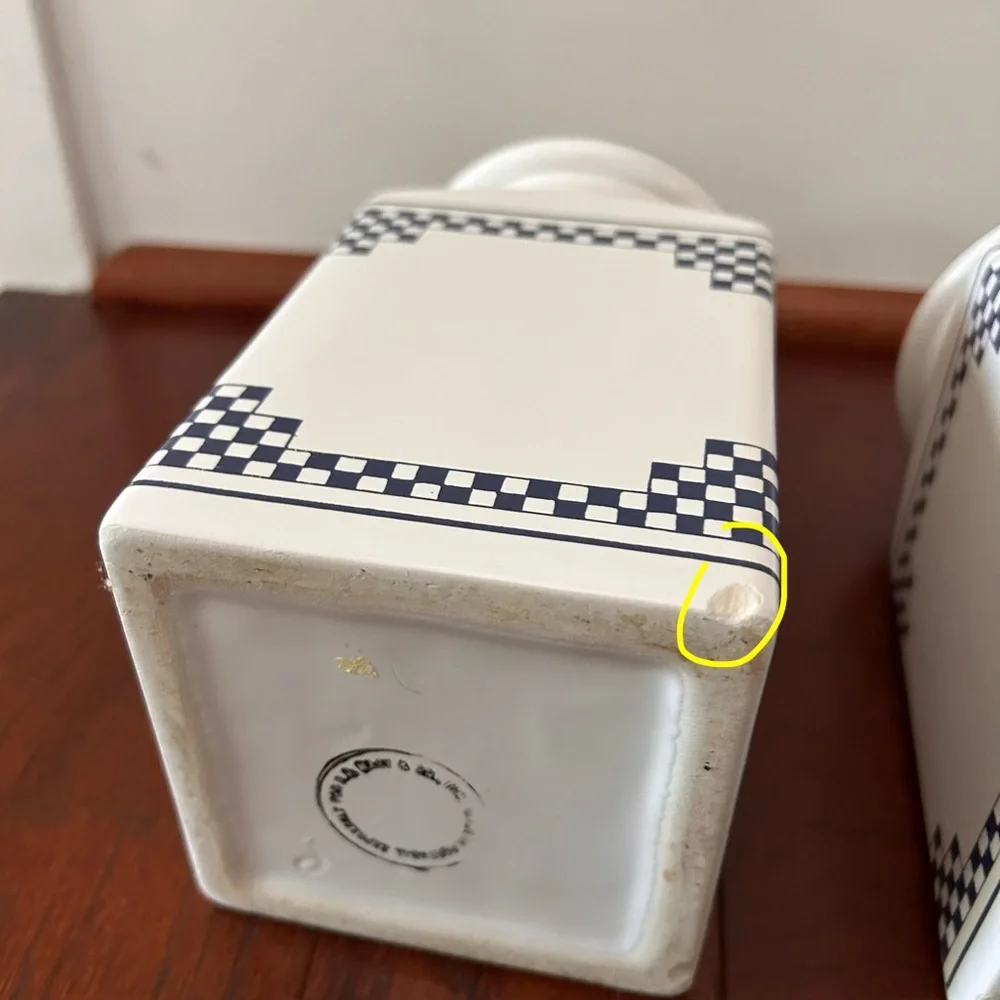 Vintage French Lustucru Style Sel (salt) Canisters Blue White Ceramic Set 2